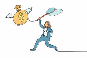 una mujer de negocios de dibujo de una sola línea continua intenta atrapar una bolsa de dinero voladora con una red de mariposas. pérdida de riqueza, mucho dinero, ahorros para la jubilación. ilustración de vector de diseño gráfico de dibujo de una línea