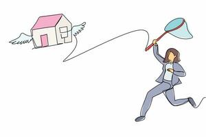 Single one line drawing businesswoman try to catch flying house with butterfly net. Failed to pay mortgage to bank. Price increases, losing house. Continuous line design graphic vector illustration