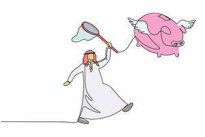 Single continuous line drawing Arab businessman try to catching flying crown with butterfly net. Failed to control the business empire. Business metaphor. One line graphic design vector illustration