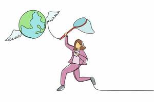 Continuous one line drawing businesswoman try to catching flying globe with butterfly net. Failed to travel the world because of economic crisis. Single line draw design vector graphic illustration