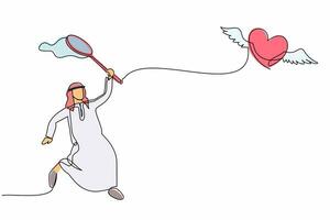 Single one line drawing Arab businessman try to catching flying heart with butterfly net. Breakup relationship or friendship. Business metaphor. Continuous line draw design graphic vector illustration