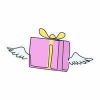 Single one line drawing flying gift box with wings. Winged surprise box with red bow and ribbon. Flying present. Delivery package icon. Modern continuous line draw design graphic vector illustration