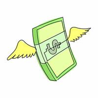 Continuous one line drawing flying money stack with wings. Winged dollar American currency bills packs. Angel investment, sending dollar banknotes. Single line draw design vector graphic illustration