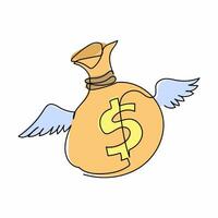 Single continuous line drawing flying money bag with wings. Bag with money with wings, dollar sign, flies and glitters. Winged money sack icon. Dynamic one line draw graphic design vector illustration