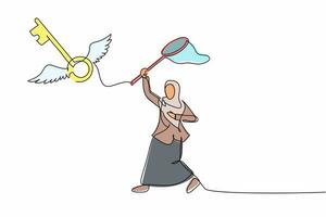 Single one line drawing Arab businesswoman try to catching flying key with butterfly net. Losing key of success career path. Business metaphor. Continuous line draw design graphic vector illustration