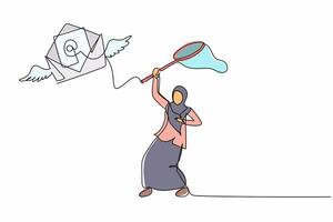 Single one line drawing Arab businesswoman try to catching flying mail with butterfly net. Missing mailing envelopes letter from job interview. Continuous line draw design graphic vector illustration