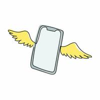 Single one line drawing flying smartphone with wings. Winged cellphone with touch screen flying with wings isolated on white background. Modern continuous line draw design graphic vector illustration