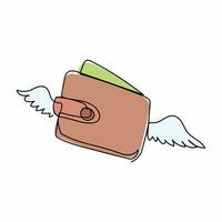 Single one line drawing flying wallet with wings. Losing money, overspending, bankruptcy. Winged purse logo mascot on white background. Modern continuous line draw design graphic vector illustration