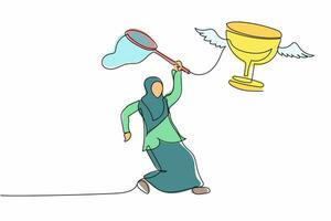 Single continuous line drawing Arabian businesswoman try to catching flying trophy with butterfly net. Losing victory competition. Failed the match. One line draw graphic design vector illustration