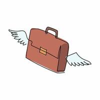 Single continuous line drawing flying briefcase with wings. Traveling suitcase in flight. Isolated vector symbol of tourism, luggage and trip. Dynamic one line draw graphic design vector illustration