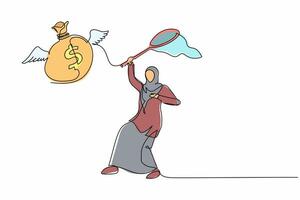 Continuous one line drawing Arab businesswoman try to catching flying money bag with butterfly net. Losing jackpot of business project. Unlucky employee. Single line design vector graphic illustration