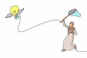 una sola línea continua dibujando una mujer de negocios árabe intenta atrapar una bombilla voladora con una red de mariposas. Perdiendo una idea brillante para mejorar el negocio. ilustración de vector de diseño gráfico de dibujo de una línea