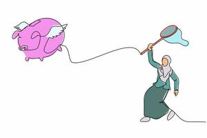 Single continuous line drawing Arabian businesswoman try to catching flying piggy bank with butterfly net. Future savings lost due to economic crisis. One line draw graphic design vector illustration