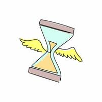 Single one line drawing flying hourglass with wings. Flying sand clock hourglass and time logo symbol. Winged sand glass deadline metaphor. Modern continuous line design graphic vector illustration