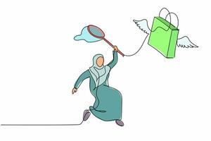 Single continuous line drawing Arab businesswoman try to catching flying shopping bag with butterfly net. Retail store sales decline due to economic crisis. One line graphic design vector illustration