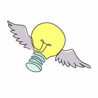 Single continuous line drawing flying light bulb with wings. Imagination, inspiration, fantasy icon. Knowhow sign. New business idea. Invention logo. One line draw graphic design vector illustration