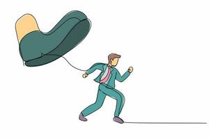 Single continuous line drawing businessman run away from stomping foot. Male employee oppressed by the boss with under big shoe. Minimalist metaphor. One line draw graphic design vector illustration