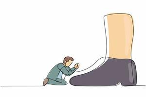 dibujo de una sola línea empresario fallido arrodillado un pie o zapato gigante. el oficinista se disculpa con el jefe. concepto de metáfora minimalista. ilustración de vector gráfico de diseño de dibujo de línea continua moderna