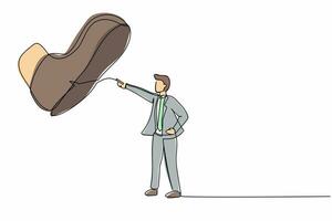 Single one line drawing young businessman facing against giant shoes stomping. Male manager pointing against giant foot step. Minimal metaphor. Continuous line draw design graphic vector illustration