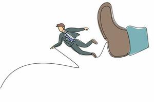 Single continuous line drawing businessman getting fired, flying through air after being kicked in the back. Male employee become jobless from company. One line draw graphic design vector illustration