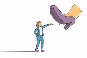 Single continuous line drawing active businesswoman facing against giant shoes stomping. Office worker pointing against giant foot step. Minimalism metaphor. One line draw design vector illustration