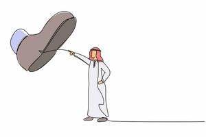 Continuous one line drawing brave Arab businessman facing against giant shoes stomping. Male manager pointing against giant foot step. Minimal metaphor. Single line design vector graphic illustration