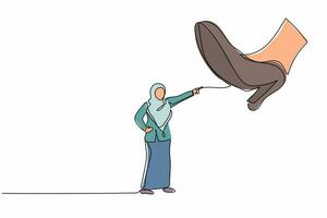 mujer de negocios árabe de dibujo de una sola línea frente a zapatos gigantes pisando fuerte. oficinista apuntando contra un paso de pie gigante. metáfora del minimalismo. ilustración de vector gráfico de diseño de línea continua