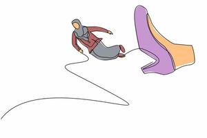 Single continuous line drawing failed Arab businesswoman getting fired, flying through air after being kicked in the back. Minimalism metaphor concept. One line draw graphic design vector illustration