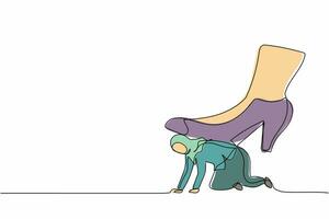 Continuous one line drawing Arab businesswoman crawling under giant foot trample. Female employee oppressed by the boss with under big shoe. Minimalist metaphor. Single line design vector illustration