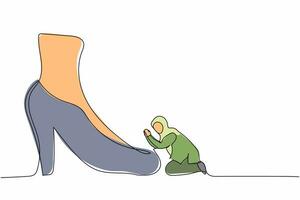 dibujo de una sola línea continua mujer de negocios árabe activa arrodillada un pie o zapato gigante. la gerente se disculpa con el director ejecutivo. metáfora del minimalismo. ilustración de vector de diseño gráfico de una línea