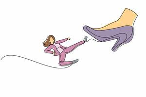 Single one line drawing young businesswoman kick giant foot stomp. Office worker doing flying kick to big high heels. Minimal metaphor concept. Continuous line draw design graphic vector illustration