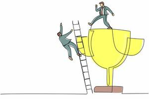 Single continuous line drawing active businessman kicking to make his rival falling down from the top ladder trophy of success. Minimalism metaphor. One line draw graphic design vector illustration