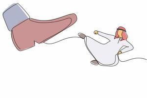 Single continuous line drawing young Arab businessman kick giant foot stomp. Executive director doing flying kick to big boot. Minimalism metaphor concept. One line graphic design vector illustration