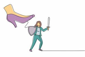 Single one line drawing young businesswoman fight to giant foot with shield and sword. Office worker against boss big shoe stomp. Minimal metaphor. Continuous line design graphic vector illustration