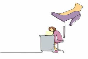 Single one line drawing young businesswoman sleeping on pile of papers on desk under big foot stomp. Office worker being overworking, stress, overload. Continuous line draw design vector illustration