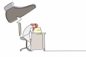 Single one line drawing fatigue Arabian businessman sleeping on pile of papers under big foot stomp. Tired exhausted deadline overloaded worker. Continuous line draw design graphic vector illustration