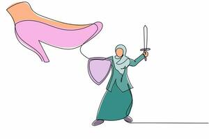 Single one line drawing Arabian businesswoman fight to giant foot with shield and sword. Office worker against boss big shoe stomp. Minimal metaphor. Continuous line design graphic vector illustration