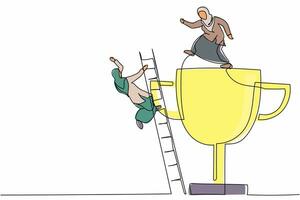 Continuous one line drawing greedy Arabian businesswoman kicking her rival falling down from top ladder trophy of success. Cheating competitor metaphor. Single line design vector graphic illustration