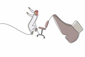 Single continuous line drawing failed small Arab businessman kicked out by big foot. Manager kick away from chair by giant feet. Minimalism metaphor. One line draw graphic design vector illustration