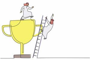 Single continuous line drawing Arabian businessman kicking to make his rival falling down from the top ladder trophy of success. Minimalism metaphor. One line draw graphic design vector illustration