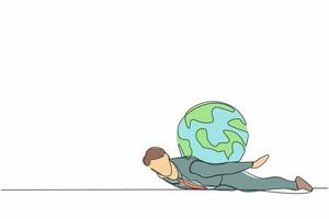 Single one line drawing depressed businessman under heavy globe burden. Climate change and global warming responsibility, world leader commitment to take care our planet. Continuous line design vector