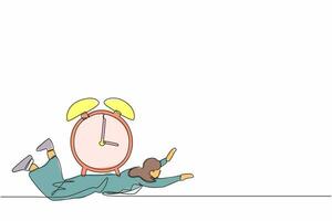 soltero continuo línea dibujo infeliz mujer de negocios debajo pesado alarma reloj carga. estresado empleado con trabajo presión o negocio proyecto objetivo. uno línea dibujar gráfico diseño vector ilustración