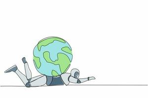 Single continuous line drawing stress robot under heavy globe burden. Earth exploitation, industrial pollution. World economic crisis. Technology development. One line draw design vector illustration