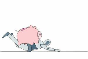 Continuous one line drawing stressed robot under heavy piggy bank burden. Broke and financial problems in tech industry. Future robotic development. Single line draw design vector graphic illustration