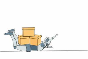 Continuous one line drawing stressed robot under heavy pile of box burden. Overworked robot with stack of cardboard. Humanoid robot cybernetic organism. Single line design vector graphic illustration