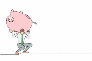 Single continuous line drawing exhausted businessman carrying heavy piggy bank on his back. Manager with financial problems. Losing money in economic crisis. One line draw design vector illustration