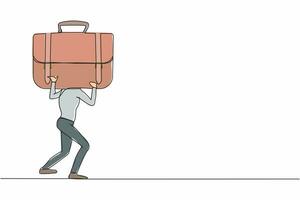 Single one line drawing exhausted businessman carrying heavy briefcase on his back. Difficulty business task. Pressure workload. Anxiety and overload worker. Continuous line design vector illustration