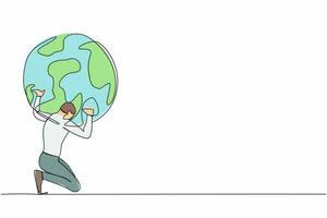 Single continuous line drawing exhausted businessman carrying heavy globe on his back. Earth exploitation, industrial pollution, natural resources. World economic crisis. One line draw design vector