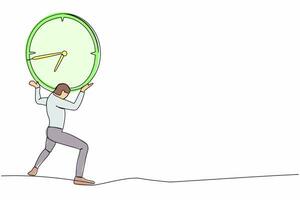 Single continuous line drawing exhausted businessman carrying heavy clock on his back. Stressed worker working under pressure to completed project deadline. One line graphic design vector illustration