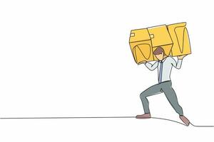 Single continuous line drawing of exhausted businessman carrying heavy pile of boxes on his back. Stress at work. Bureaucracy, paperwork, big data analysis. One line graphic design vector illustration